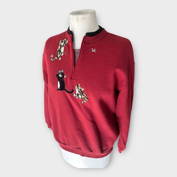 Vintage Top Stitch Cat 3/4 zip Sweatshirt Women's Large L Red Grandmacore 90s - Picture 3 of 9